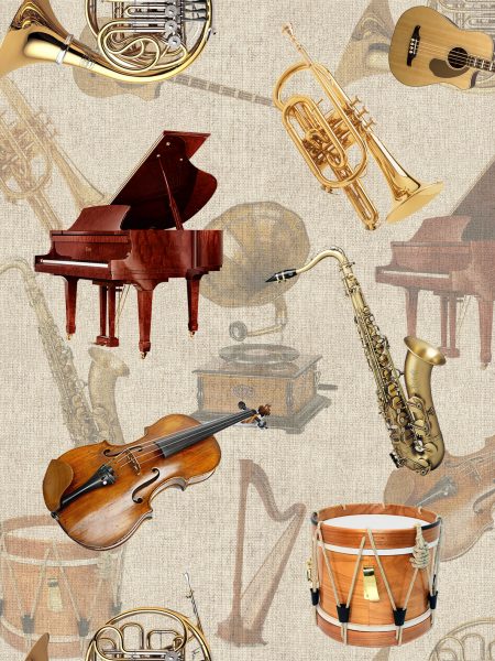 ύφασμα με μουσικά όργανα κλασσικό πιάνο, βιολιά, τρομπέτες, κιθάρες, ταμπούρλα σε μπέζ vintage φόντο