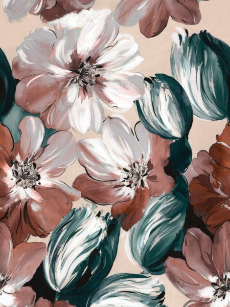 Ύφασμα φλοράλ τύπου ακουαρέλλα βαμβακερό μαλακό καραβόπανο σε 2.80 φάρδος, με λουλούδια στα νέα χρώματα πετρόλ και τερακότα . Κατάλληλο για κουρτίνα, ριχτάρι, ντύσιμο μαξιλαριών και κάθε χρήση διακόσμησης