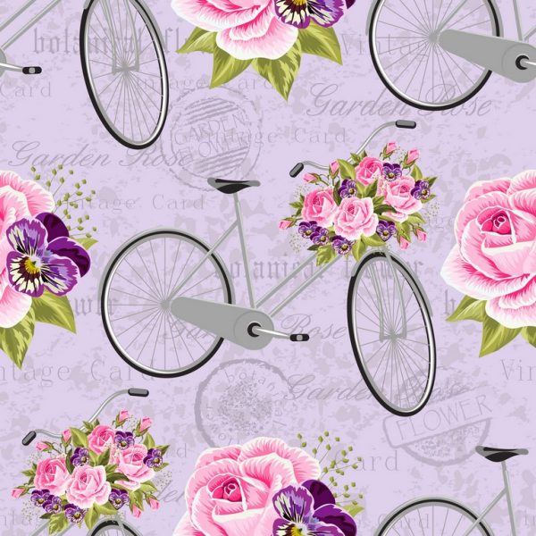 Ύφασμα βαμβακερό καραβόπανο. Ζωγραφισμένα μπουκέτα με ρόζ τριαντάφυλλα σε ποδήλατα γκρί και Λιλλά φόντο Vintage 
