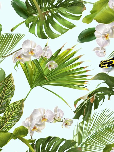 ύφασμα αλέκιαστο βοτανικό με τροπικά φύλλα, ορχιδέα λουλούδια και βάτραχο σε Σχεδιασμός φόντου για γάμο Χαβανέζικο