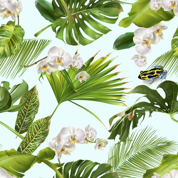 ύφασμα αλέκιαστο βοτανικό με τροπικά φύλλα, ορχιδέα λουλούδια και βάτραχο σε Σχεδιασμός φόντου για γάμο Χαβανέζικο