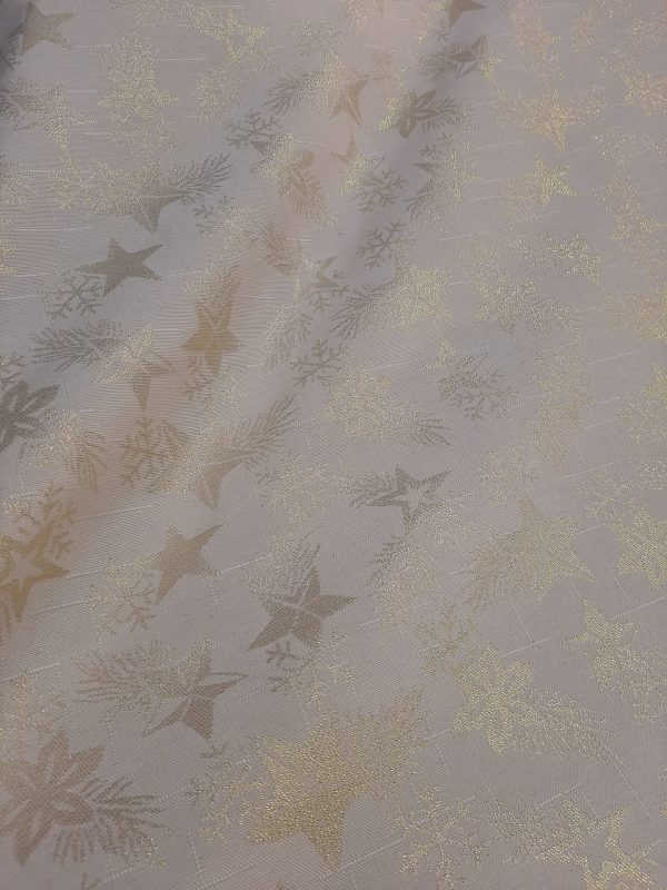 χριστουγεννιάτικο ύφασμα μαλακό χρυσά-lurex αστέρια σε εκρού-λευκό φόντο και 2.80 φάρδος γιά εξαιρετικό τραπεζομάντηλο, ράνερ και την χριστουγεννιάτικη διακόσμηση