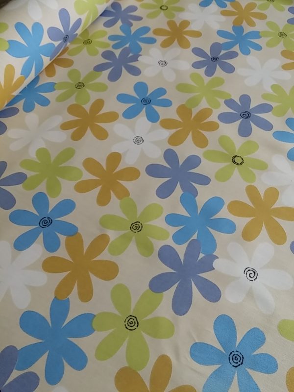 ΚΑΡΑΒΟΠΑΝΟ μπέζ με λουλούδια σιέλ, βεραμάν, λευκά, μπλέ σε 2.80 φάρδος