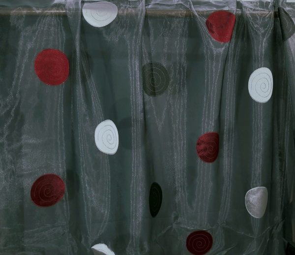 Κουρτίνα με το μέτρο για σαλόνι κρεββατοκάμαρα οργάντζα-βουάλ γκρί σκούρα με κύκλους μπορντώ, μαύρους και γκρί ανοικτό με ζακάρ σχέδιο εσωτερικά σε 3 μέτρα ύψος με βαρίδι