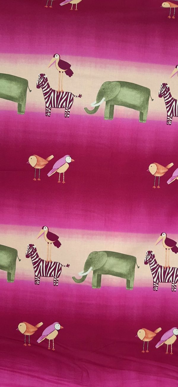 παιδικό ύφασμα ζώα ζέβρες ελέφαντες πουλιά σε φόντο φούξια μπέζ