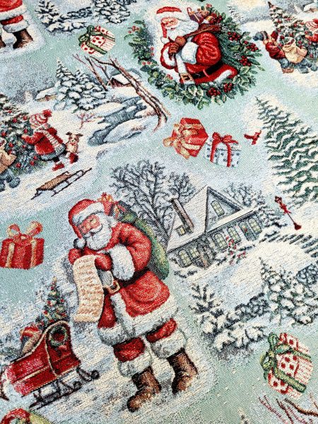 Ύφασμα επίπλωσης χριστουγεννιάτικο τοπίο αλπικό χιονισμένο με σκηνές του Άγιου Βασίλη έλκυθρα και παιδιά που παίζουν
