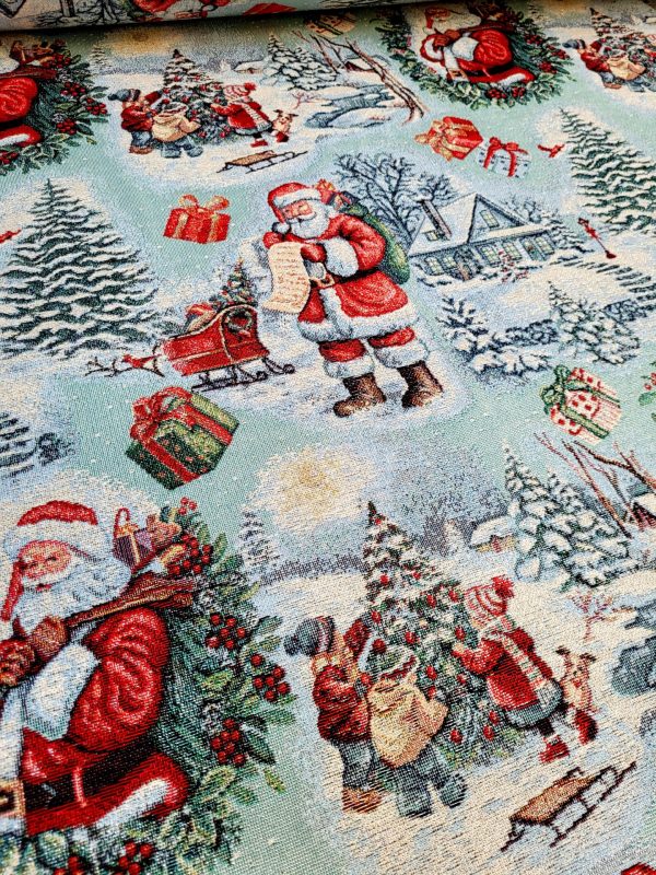 Ύφασμα επίπλωσης χριστουγεννιάτικο τοπίο αλπικό χιονισμένο με σκηνές του Άγιου Βασίλη έλκυθρα