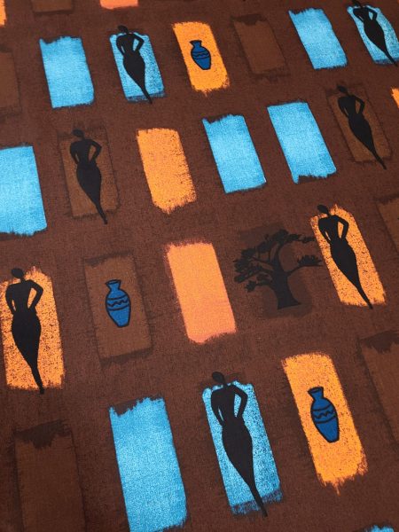 Ύφασμα καραβόπανο καφέ με πορτοκαλί και τυρκουάζ παράθυρα με μαύρες σιλλουέτες γυναικών αφρικανικού στύλ
