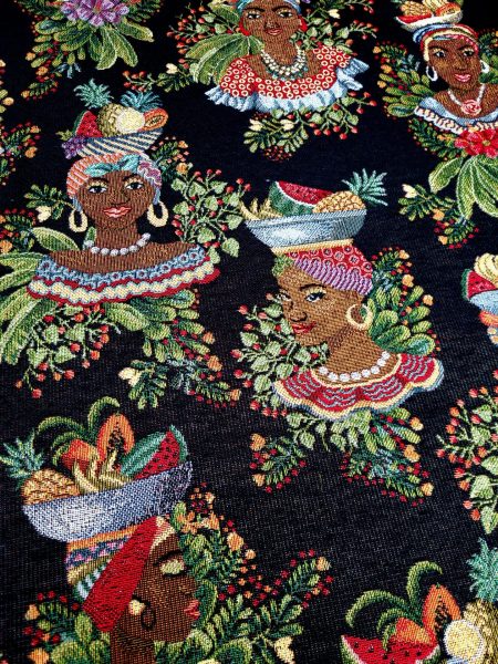 Ύφασμα επίπλωσης μαύρο φόντο με έθνικ αφρικανικά πολύχρωμα γυναικεία πρόσωπα