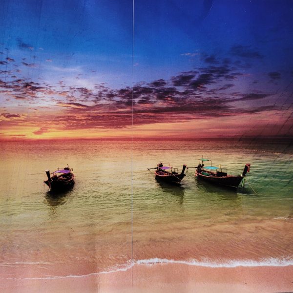 κουρτίνα έτοιμη πόστερ εικόνα φωτογραφία παραλίας με βάρκες το ηλιοβασίλεμα