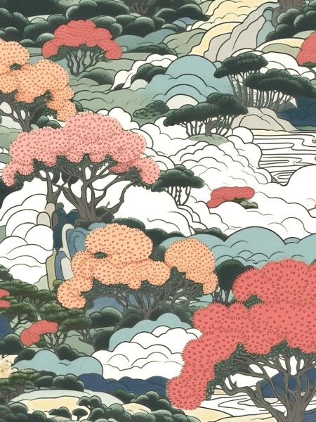 ύφασμα ιαπωνικό τοπίο σε θερμά χρώματα αποχρώσεις λαδί, σωμών, ροδί, μπέζ, σιέλ, εκρού