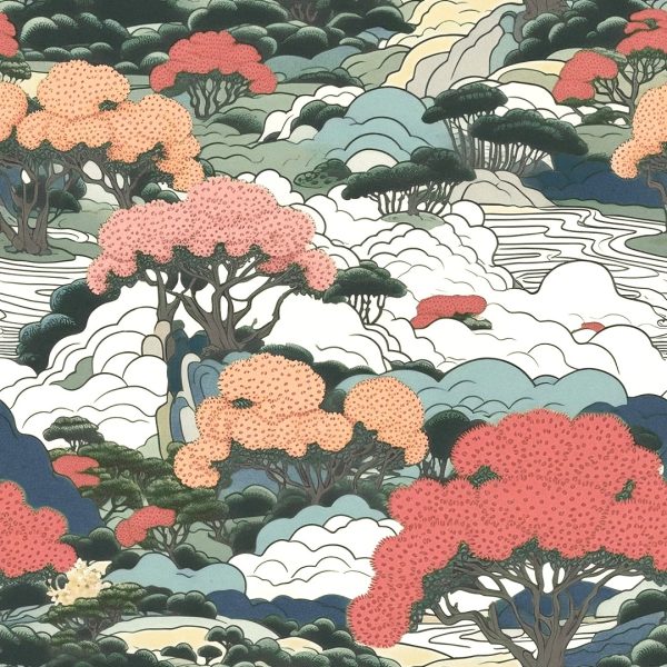 ύφασμα ιαπωνικό τοπίο σε θερμά χρώματα αποχρώσεις λαδί, σωμών, ροδί, μπέζ, σιέλ, εκρού