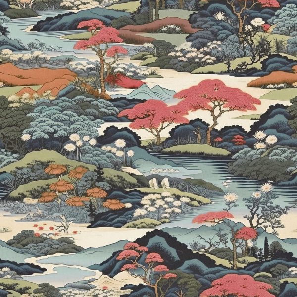 ύφασμα ιαπωνικό τοπίο σε θερμά χρώματα αποχρώσεις λαδί, σωμών,ροδί,μπέζ,σιέλ