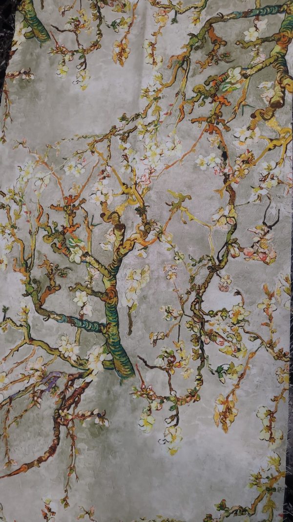Ύφασμα φύση κλαριά άνθη Ζωγράφου ΒΑΝ-ΓΚΟΓΚ Βαν Γκογκ Ανθισμένη αμυγδαλιά ιμπρεσιονιστική ελαιογραφία Τέχνης σε εκρού-γκρί φόντο